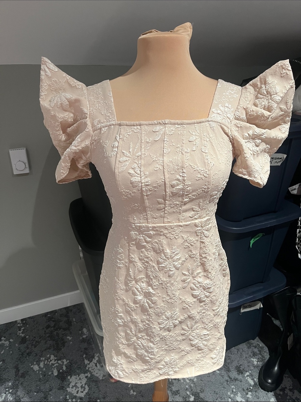 SHEIN Cream Embroidered Puff-Sleeve Mini Dress